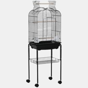 PawHut Gaiola para Passáros com Suporte Gaiola com 4 Rodas Teto com Abertura 2 Comedouros 3 Poleiros Bandeja Removível e Prateleira Inferior 46x36x130cm Preto