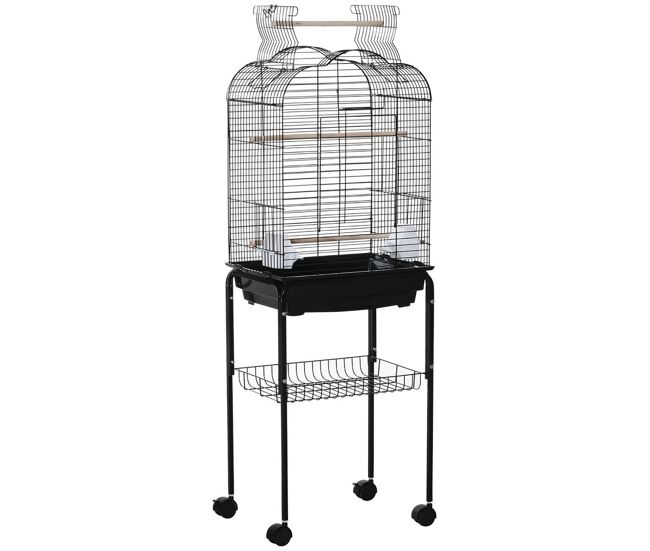 Pawhut jaula para pájaros con soporte jaula de aves canarios con 4 ruedas techo abrible 2 comederos 3 perchas bandeja extraíble y estante inferior