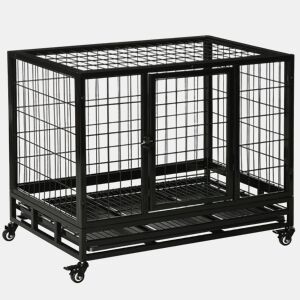 PawHut Gaiola de Metal para Cães com Rodas e Freios Bandeja Removível e Porta com Trava para Golden Retriver Labrador 92x62x75cm Preto