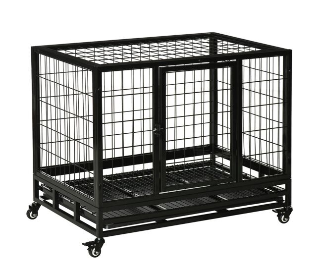 Pawhut jaula de metal para perros con ruedas y frenos bandeja extraíble y puerta con pestillo para golden retriver labrador 92x62x75 cm negro