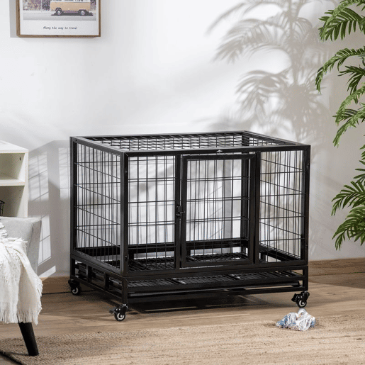 PawHut Gaiola de Metal para Cães com Rodas e Freios Bandeja Removível e Porta com Trava para Golden Retriver Labrador 92x62x75cm Preto PawHut Gaiola de Metal para Cães com Rodas e Freios Bandeja Removível e Porta com Trava para Golden Retriver Labrador 92x62x75cm Preto