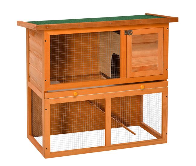 Pawhut conejera de madera 90x45x80 cm jaula para conejos jaula para cobaya con corral de metal techo asfáltico bandeja extraíble y rampa para exterior natural