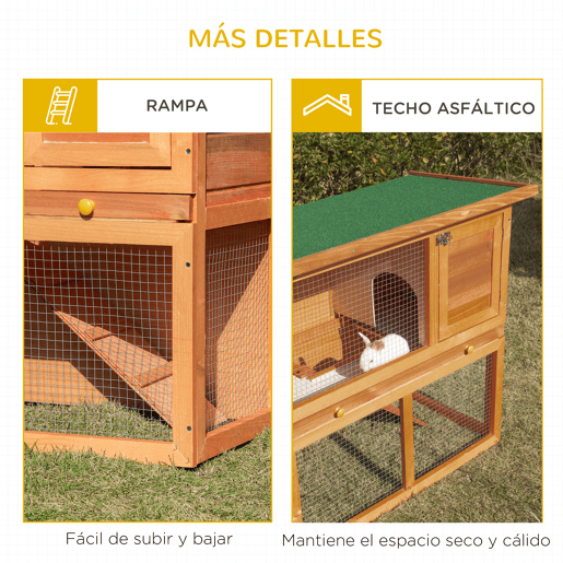 PawHut Coelheira de Exterior de Madeira para Animais Pequenos 2 Níveis com Rampa Teto Asfáltico e Porta com Trava 90x45x80 cm Madeira e Verde