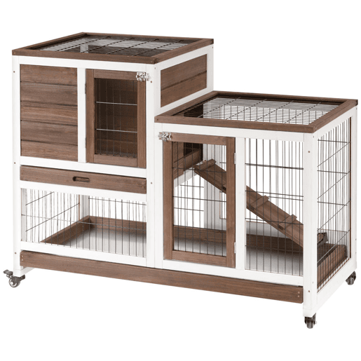 PawHut Coelheira de Madeira Interior com Rodas Gaiola para Coelhos Animais Pequenos de 2 Pisos com Área Aberta Rampa e 2 Bandejas Removíveis 110x50x86cm Marrom PawHut Coelheira de Madeira Interior com Rodas Gaiola para Coelhos Animais Pequenos de 2 Pisos com Área Aberta Rampa e 2 Bandejas Removíveis 110x50x86cm Marrom