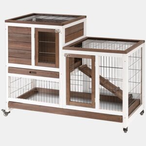 PawHut Coelheira de Madeira Interior com Rodas Gaiola para Coelhos Animais Pequenos de 2 Pisos com Área Aberta Rampa e 2 Bandejas Removíveis 110x50x86cm Marrom