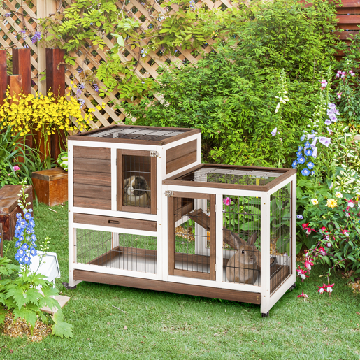 PawHut Coelheira de Madeira Interior com Rodas Gaiola para Coelhos Animais Pequenos de 2 Pisos com Área Aberta Rampa e 2 Bandejas Removíveis 110x50x86cm Marrom PawHut Coelheira de Madeira Interior com Rodas Gaiola para Coelhos Animais Pequenos de 2 Pisos com Área Aberta Rampa e 2 Bandejas Removíveis 110x50x86cm Marrom