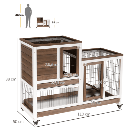 PawHut Coelheira de Madeira Interior com Rodas Gaiola para Coelhos Animais Pequenos de 2 Pisos com Área Aberta Rampa e 2 Bandejas Removíveis 110x50x86cm Marrom PawHut Coelheira de Madeira Interior com Rodas Gaiola para Coelhos Animais Pequenos de 2 Pisos com Área Aberta Rampa e 2 Bandejas Removíveis 110x50x86cm Marrom
