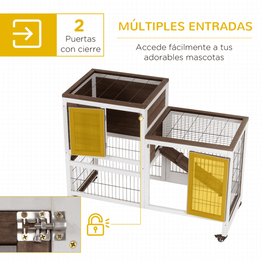 PawHut Coelheira de Madeira Interior com Rodas Gaiola para Coelhos Animais Pequenos de 2 Pisos com Área Aberta Rampa e 2 Bandejas Removíveis 110x50x86cm Marrom PawHut Coelheira de Madeira Interior com Rodas Gaiola para Coelhos Animais Pequenos de 2 Pisos com Área Aberta Rampa e 2 Bandejas Removíveis 110x50x86cm Marrom