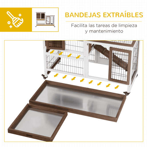 PawHut Coelheira de Madeira Interior com Rodas Gaiola para Coelhos Animais Pequenos de 2 Pisos com Área Aberta Rampa e 2 Bandejas Removíveis 110x50x86cm Marrom PawHut Coelheira de Madeira Interior com Rodas Gaiola para Coelhos Animais Pequenos de 2 Pisos com Área Aberta Rampa e 2 Bandejas Removíveis 110x50x86cm Marrom