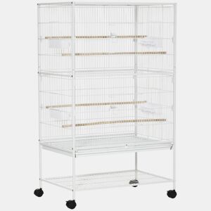 PawHut Gaiola para Pássaros com Rodas 78x52x132cm Gaiola para Pássaros Metálica com Bandeja Amovível 4 Portas 4 Comedouros 4 Poleiros e Prateleira de Armazenamento para Canários Periquitos Branco