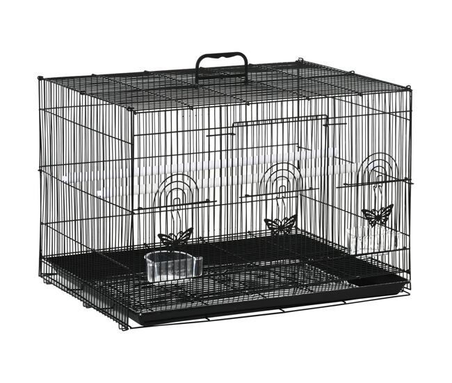 Pawhut jaula para pájaros 60x41x41 cm pajarera de metal con comederos 2 perchas 3 puertas y asa de transporte para pájaros pequeños canarios periquitos negro