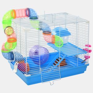 PawHut Gaiola para Hamster, Casa para Hamster com Túnel, Comedouro, Bebedouro, Casinha, Rampa, Roda de Exercício, Plataforma e Alça, Bandeja Removível, para Ratos e Gerbos, 46x30x37 cm, Azul