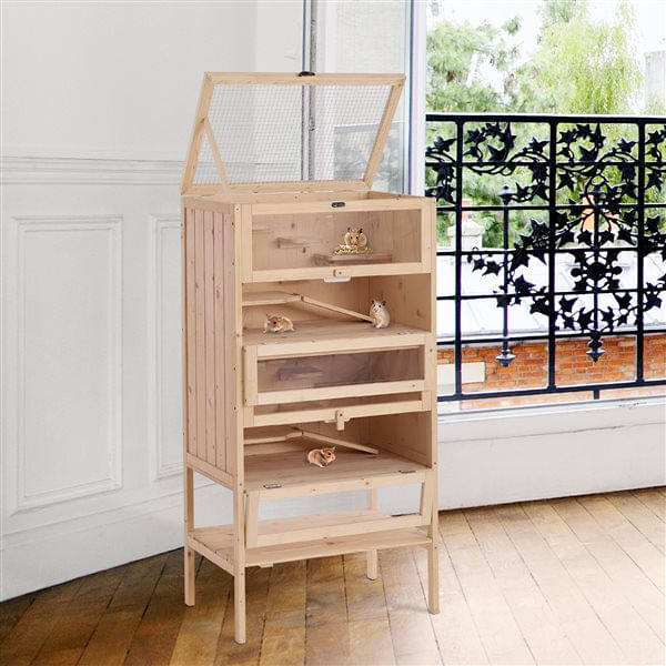 Pawhut pawhut jaula de madera para hámster ratones animales pequeños y roedores tipo casa conejera con techo abatible 5 pisos 10 plataformas y 3 escaleras 60x40x120 cm