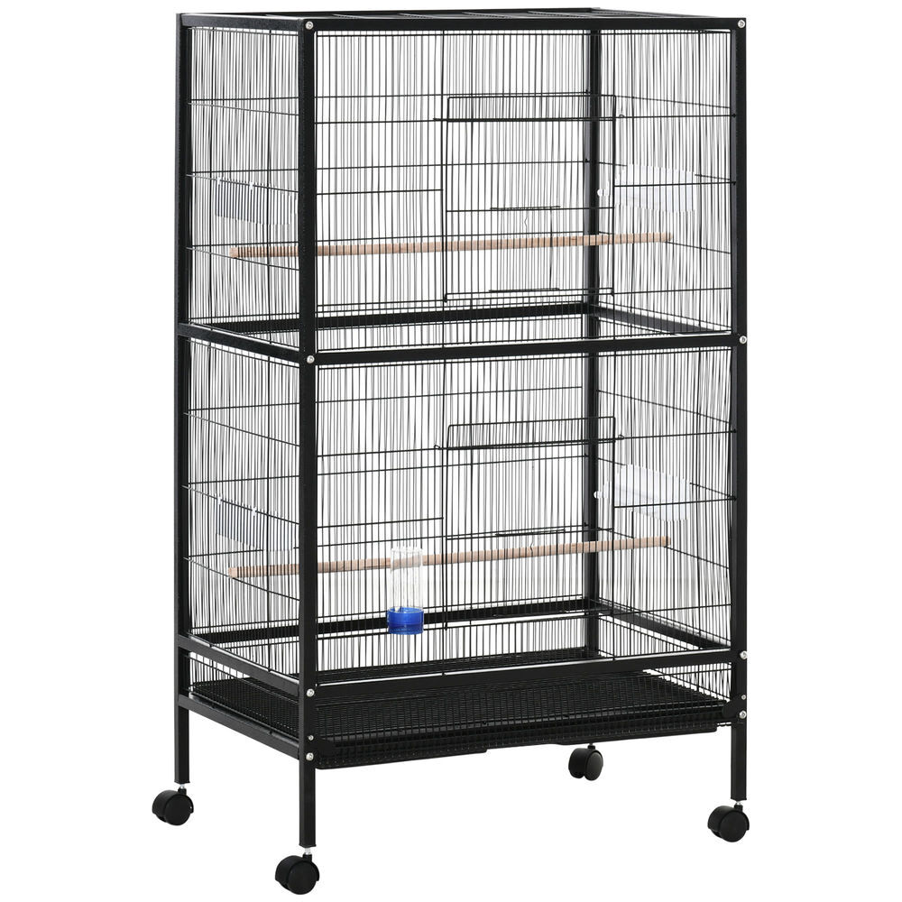 Pawhut jaula para pájaros con 4 ruedas pajarera metálica con múltiples puertas 4 comederos bebedero 2 perchas y bandeja para loros canarios periquitos