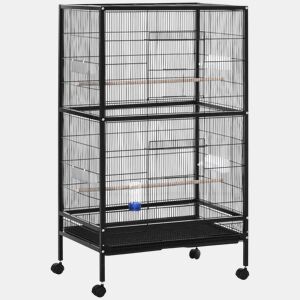 PawHut Gaiola para Pássaros com 4 Rodas Gaiola para Pássaros Metálica com Múltiplas Portas 4 Comedouros Bebedouro 2 Poleiros e Bandeja para Louros Canários Periquitos 79x52x137cm Preto