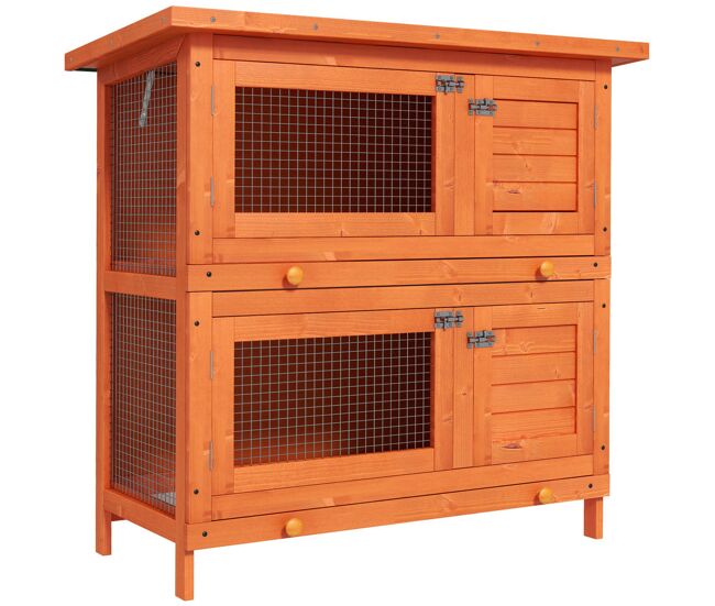 Pawhut conejera de madera exterior de 2 niveles jaula para 1-2 conejos mascotas pequeñas con techo asfáltico abrible y 2 bandejas extraíbles 90x45x90 cm madera natural
