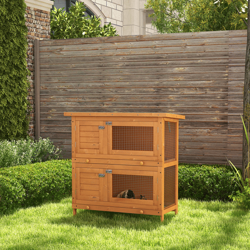 PawHut Coelheira de Madeira Exterior de 2 Níveis Gaiola para 1-2 Coelhos Animais Pequenos com Teto Asfáltico Dobrável e 2 Bandejas Removíveis 90x45x90cm Madeira
