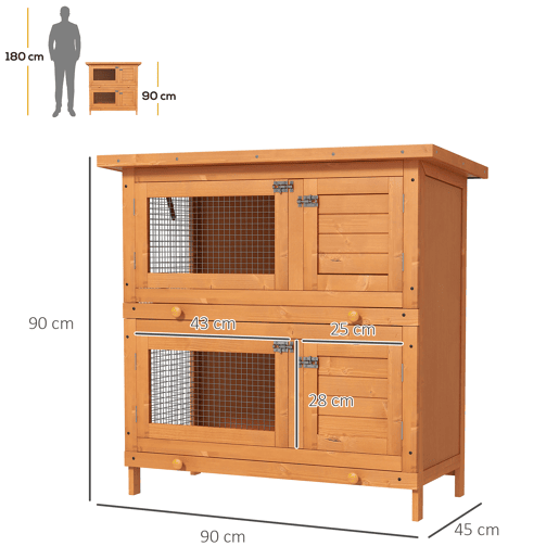 PawHut Coelheira de Madeira Exterior de 2 Níveis Gaiola para 1-2 Coelhos Animais Pequenos com Teto Asfáltico Dobrável e 2 Bandejas Removíveis 90x45x90cm Madeira