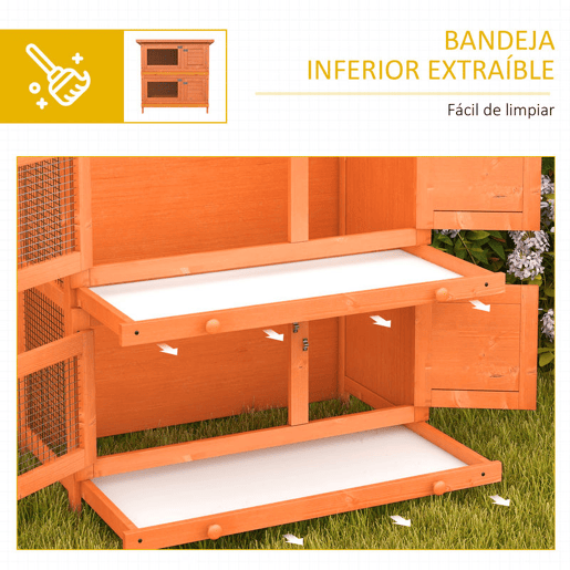 PawHut Coelheira de Madeira Exterior de 2 Níveis Gaiola para 1-2 Coelhos Animais Pequenos com Teto Asfáltico Dobrável e 2 Bandejas Removíveis 90x45x90cm Madeira