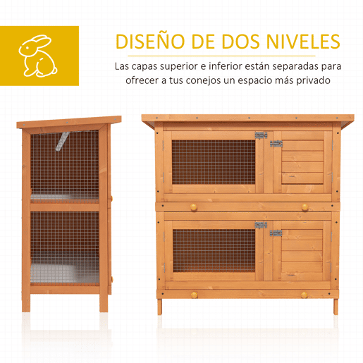 PawHut Coelheira de Madeira Exterior de 2 Níveis Gaiola para 1-2 Coelhos Animais Pequenos com Teto Asfáltico Dobrável e 2 Bandejas Removíveis 90x45x90cm Madeira