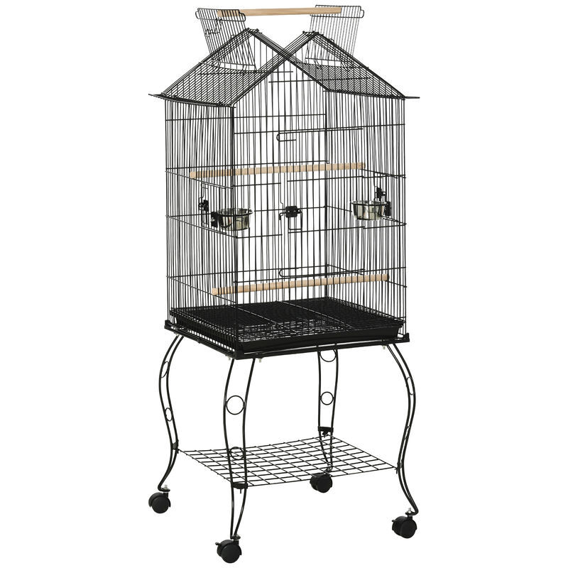 Pawhut jaula para pájaros 50x58x145 cm pajarera metálica con 3 puertas 2 comederos 3 perchas bandeja extraíble estante abierto y 4 ruedas para canarios periquitos negro