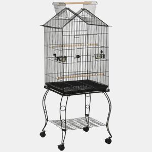 PawHut Gaiola para Pássaros com Suporte Rodas Bandeja Amovível 2 Comedouros e Prateleira Inferior de Metal para Canários Periquitos Tentilhões 50x58x145 cm Preto