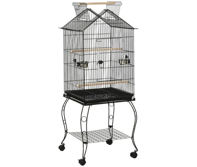 Pawhut jaula para pájaros 50x58x145 cm pajarera metálica con 3 puertas 2 comederos 3 perchas bandeja extraíble estante abierto y 4 ruedas para
