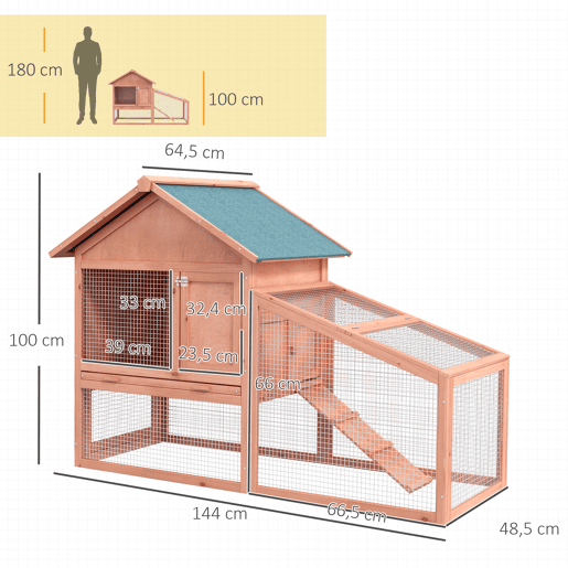 PawHut Casa para Coelhos de Madeira Coelheira para Exterior Teto de Tela de Asfáltica 144x64,5x100 cm Madeira