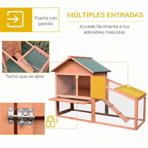 PawHut Casa para Coelhos de Madeira Coelheira para Exterior Teto de Tela de Asfáltica 144x64,5x100 cm Madeira