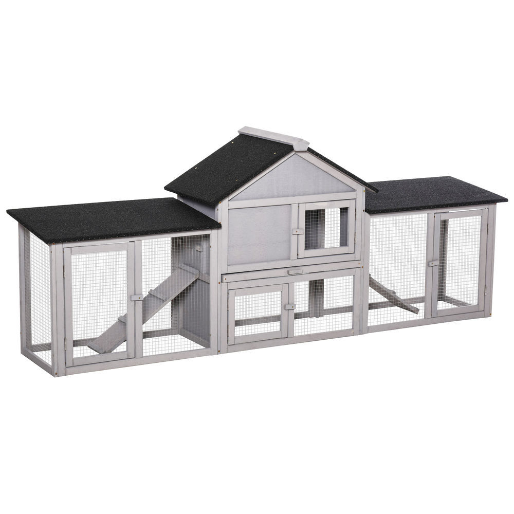 Pawhut conejera de exterior grande jaula de madera para 2-4 conejos con techo asfáltico recinto de alambre bandeja extraíble y rampas 210x45,5x84,5 cm gris y negro