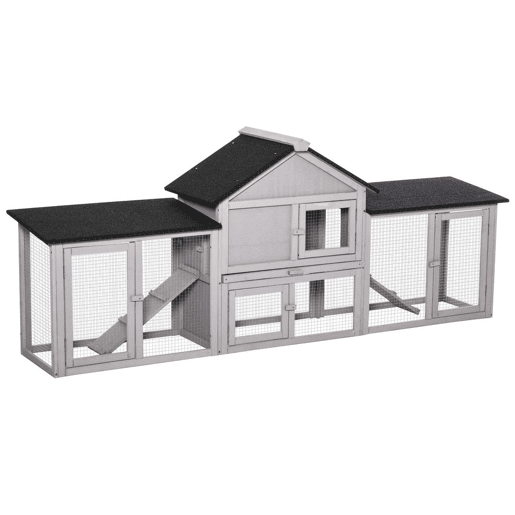 PawHut Coelheira de Exterior Grande Gaiola de Madeira para 2-4 Coelhos com Teto Asfáltico Recinto de Arame Bandeja Removível e Rampas 210x45,5x84,5cm Cinza e Preto