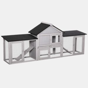 PawHut Coelheira de Exterior Grande Gaiola de Madeira para 2-4 Coelhos com Teto Asfáltico Recinto de Arame Bandeja Removível e Rampas 210x45,5x84,5cm Cinza e Preto