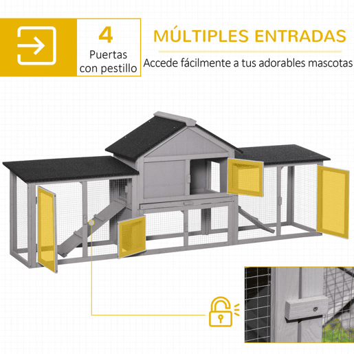 PawHut Coelheira de Exterior Grande Gaiola de Madeira para 2-4 Coelhos com Teto Asfáltico Recinto de Arame Bandeja Removível e Rampas 210x45,5x84,5cm Cinza e Preto