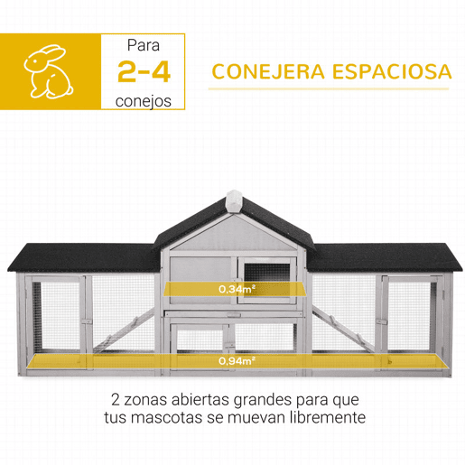 PawHut Coelheira de Exterior Grande Gaiola de Madeira para 2-4 Coelhos com Teto Asfáltico Recinto de Arame Bandeja Removível e Rampas 210x45,5x84,5cm Cinza e Preto