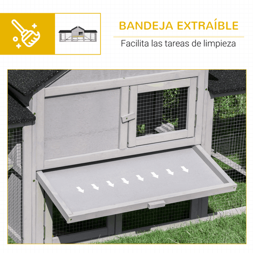 PawHut Coelheira de Exterior Grande Gaiola de Madeira para 2-4 Coelhos com Teto Asfáltico Recinto de Arame Bandeja Removível e Rampas 210x45,5x84,5cm Cinza e Preto