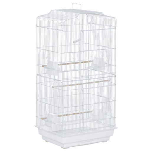 PawHut Gaiola para Passáros Gaiola de Metal com Portas 4 Comedouros 3 Poleiros Baloiço Bandeja Removível e Alça de Transporte para Papagaio Canário Periquito 46,5x35,5x92cm Branco