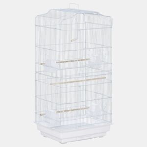 PawHut Gaiola para Passáros Gaiola de Metal com Portas 4 Comedouros 3 Poleiros Baloiço Bandeja Removível e Alça de Transporte para Papagaio Canário Periquito 46,5x35,5x92cm Branco