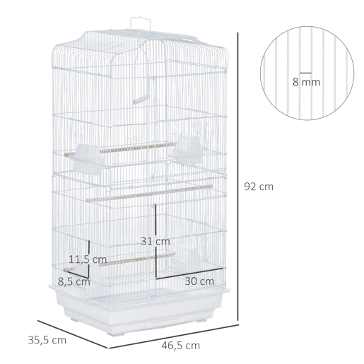 PawHut Gaiola para Passáros Gaiola de Metal com Portas 4 Comedouros 3 Poleiros Baloiço Bandeja Removível e Alça de Transporte para Papagaio Canário Periquito 46,5x35,5x92cm Branco