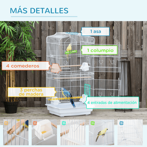 PawHut Gaiola para Passáros Gaiola de Metal com Portas 4 Comedouros 3 Poleiros Baloiço Bandeja Removível e Alça de Transporte para Papagaio Canário Periquito 46,5x35,5x92cm Branco