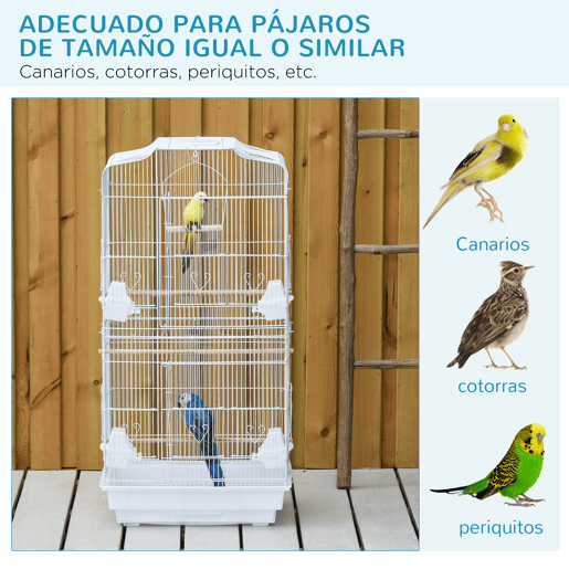 PawHut Gaiola para Passáros Gaiola de Metal com Portas 4 Comedouros 3 Poleiros Baloiço Bandeja Removível e Alça de Transporte para Papagaio Canário Periquito 46,5x35,5x92cm Branco