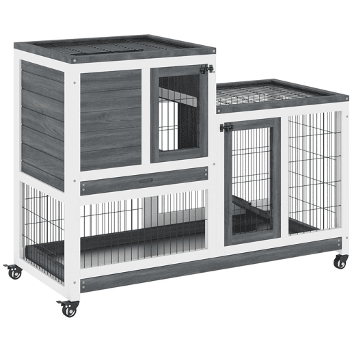 PawHut Coelheira de Madeira Interior com Rodas Gaiola para Coelhos Animais Pequenos de 2 Pisos com Zona Aberta Rampa e 2 Bandejas Removíveis 110x50x86cm Cinza
