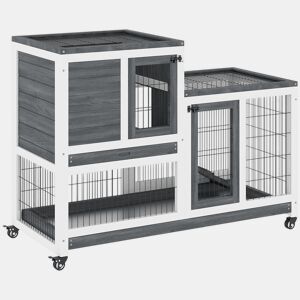 PawHut Coelheira de Madeira Interior com Rodas Gaiola para Coelhos Animais Pequenos de 2 Pisos com Zona Aberta Rampa e 2 Bandejas Removíveis 110x50x86cm Cinza