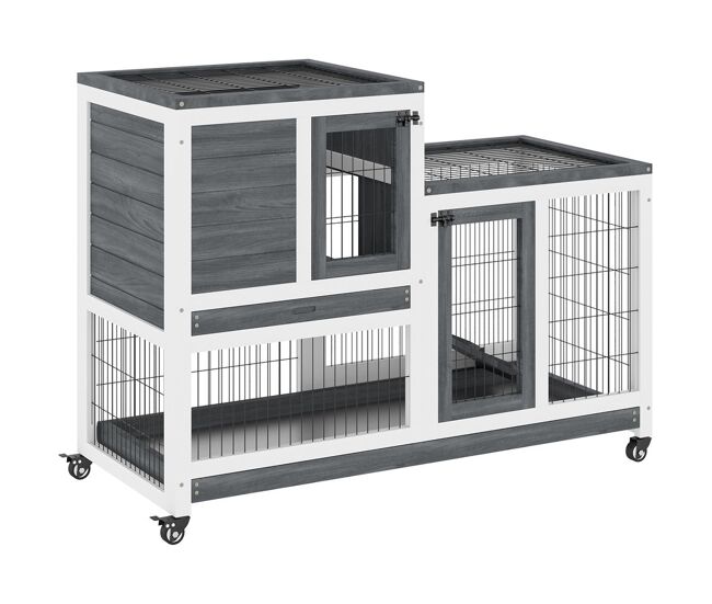 Pawhut conejera de madera de 2 niveles jaula para conejos con ruedas puertas zona abierta rampa y 2 bandejas extraíbles conejera para interior 110x50x88 cm gris