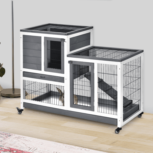 PawHut Coelheira de Madeira Interior com Rodas Gaiola para Coelhos Animais Pequenos de 2 Pisos com Zona Aberta Rampa e 2 Bandejas Removíveis 110x50x86cm Cinza