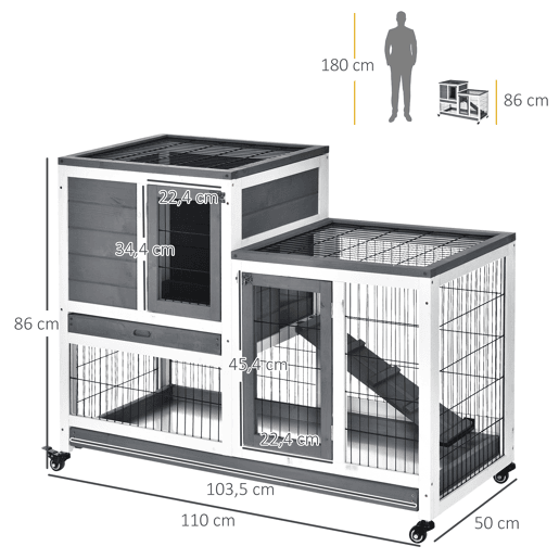 PawHut Coelheira de Madeira Interior com Rodas Gaiola para Coelhos Animais Pequenos de 2 Pisos com Zona Aberta Rampa e 2 Bandejas Removíveis 110x50x86cm Cinza