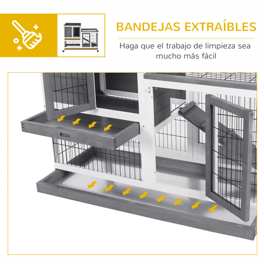 PawHut Coelheira de Madeira Interior com Rodas Gaiola para Coelhos Animais Pequenos de 2 Pisos com Zona Aberta Rampa e 2 Bandejas Removíveis 110x50x86cm Cinza
