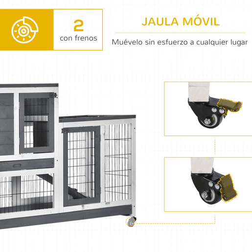 PawHut Coelheira de Madeira Interior com Rodas Gaiola para Coelhos Animais Pequenos de 2 Pisos com Zona Aberta Rampa e 2 Bandejas Removíveis 110x50x86cm Cinza