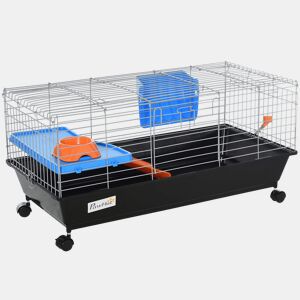 PawHut Gaiola para Pequenos Animais, Gaiola para Roedores com Rodas, Bebedouro, Comedouro, Dispensador de Feno, Plataforma, Rampa, Bandeja Removível, para Coelhos e Porquinhos-da-Índia, 89x44x43 cm, Preto
