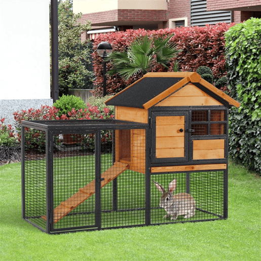 PawHut Coelheira Gaiola externa para pequenos animais de estimação 2 níveis com bandeja removível de madeira e rampa de metal 122x63x92 cm para coelhos cobaios de madeira e cinza