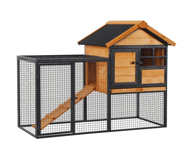 Pawhut conejera de exterior jaula para mascotas pequeñas 2 niveles con rampa bandeja extraíble de madera y metal 122x63x92 cm para conejos cobayas madera y gris